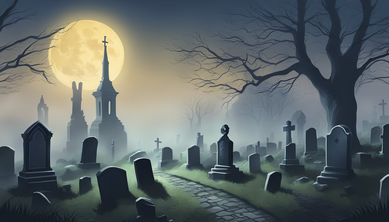 A moonlit graveyard with ancient headstones and winding paths, shrouded in mist