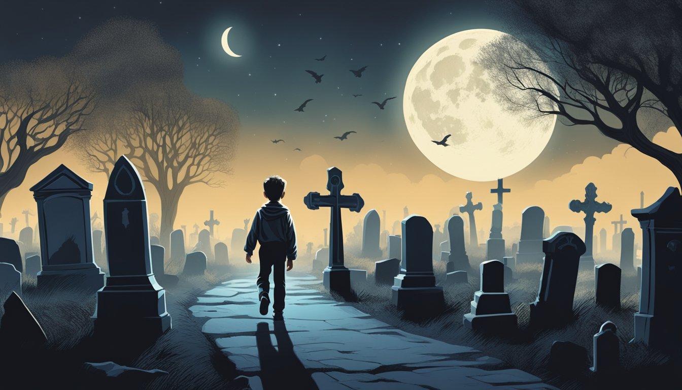 A young boy wanders through a moonlit graveyard, surrounded by eerie tombstones and shadowy trees. A ghostly figure hovers in the background