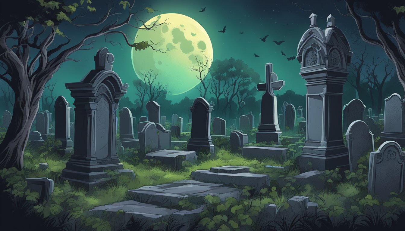 A moonlit graveyard with overgrown vines and eerie tombstones