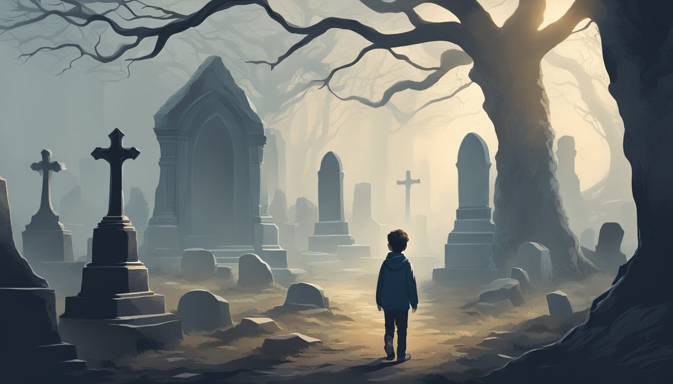 A young boy wanders through a misty graveyard, surrounded by weathered tombstones and gnarled trees. A mysterious figure watches from the shadows