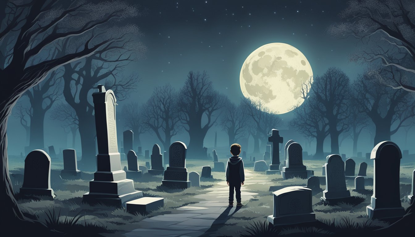 A young boy explores a moonlit graveyard, surrounded by eerie headstones and shadowy trees. A mysterious figure watches from the darkness