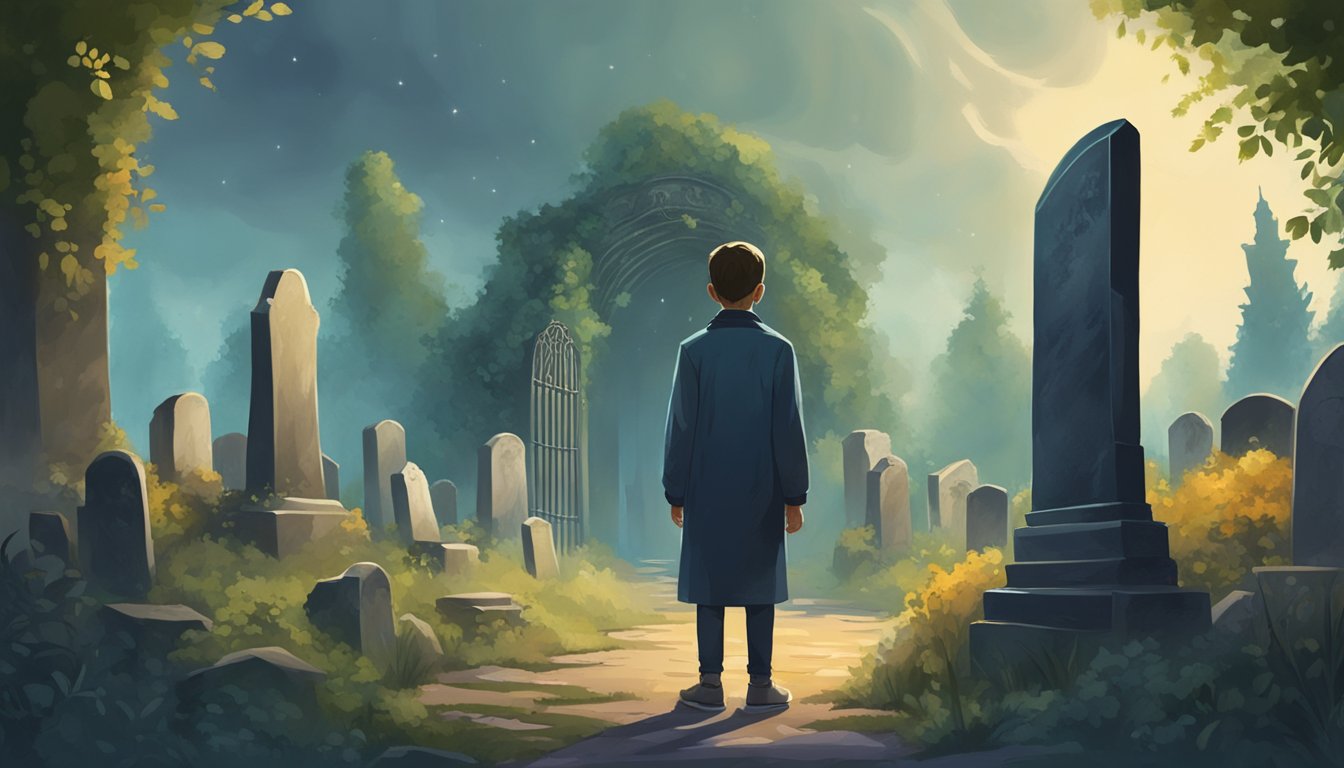 A young boy stands at the entrance of a mysterious graveyard, surrounded by ancient tombstones and overgrown foliage. A ghostly figure hovers in the distance