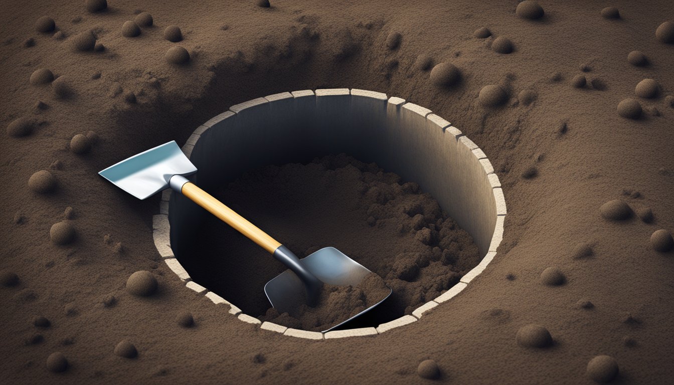 A shovel digs into the earth, revealing a deep hole with a casket at the bottom