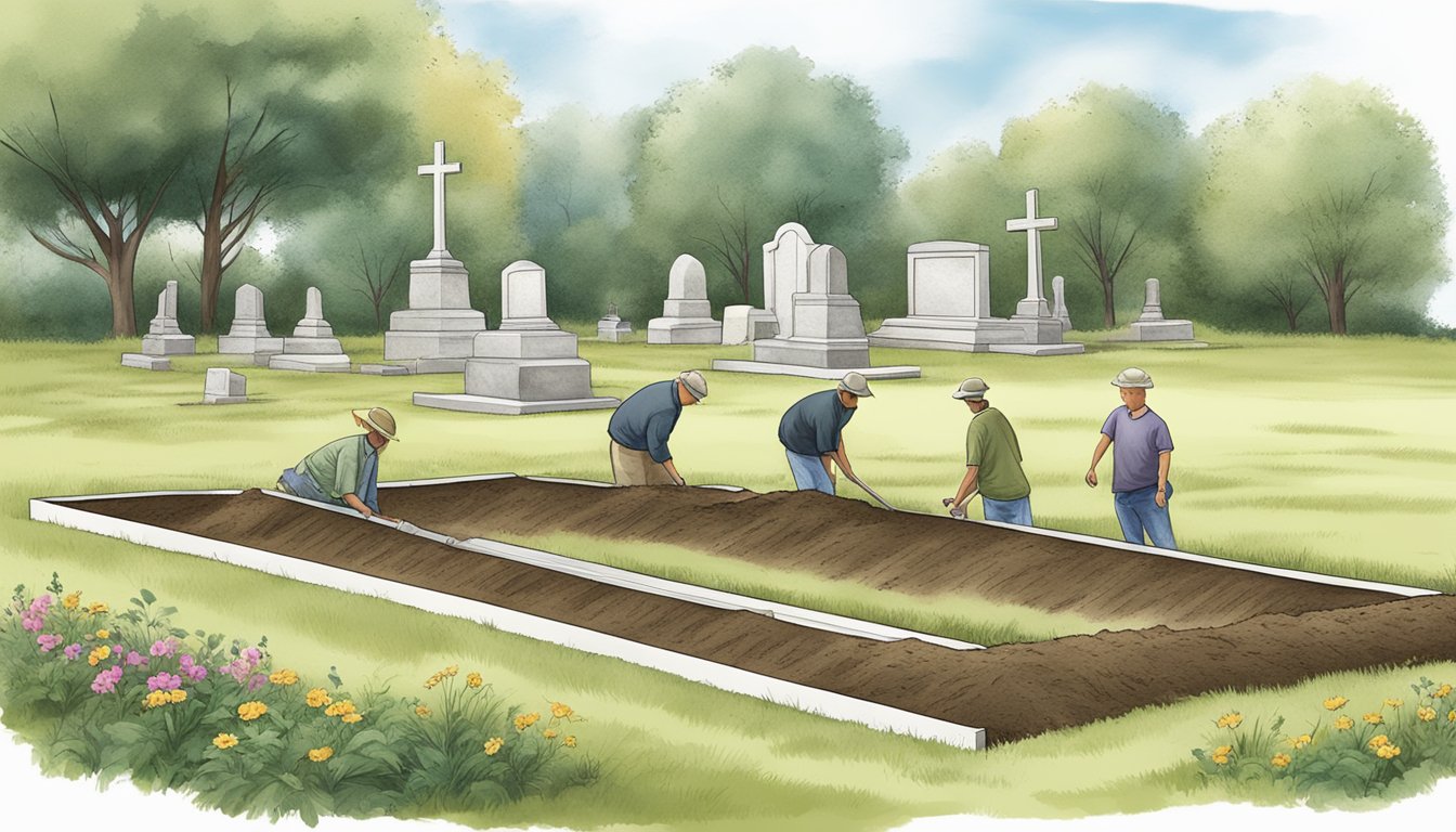 A burial plot being dug to a depth of six feet in a peaceful cemetery