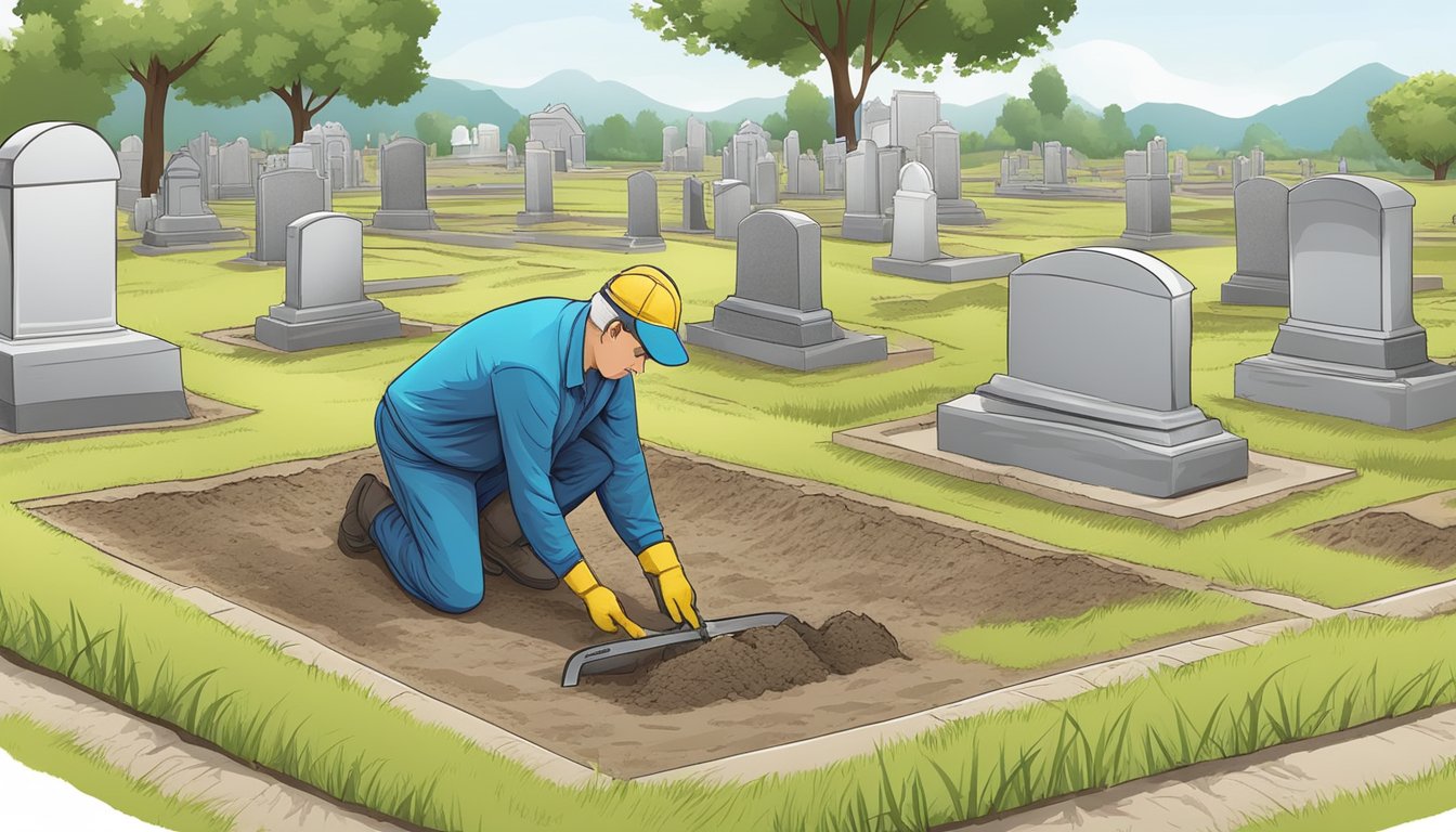 A cemetery worker measures and marks burial plot depths with a shovel and measuring tape