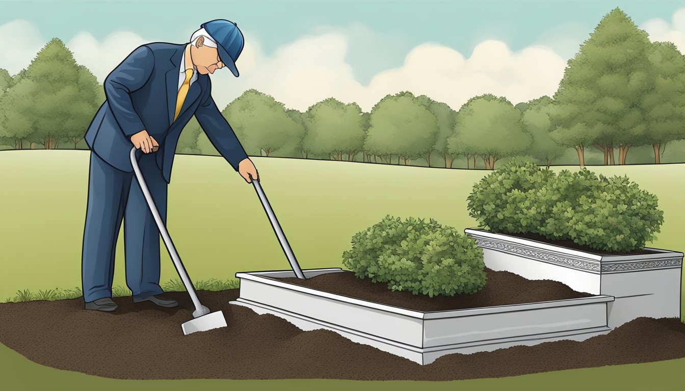 A burial plot being dug to a specific depth, with personalized features such as a headstone or decorative elements