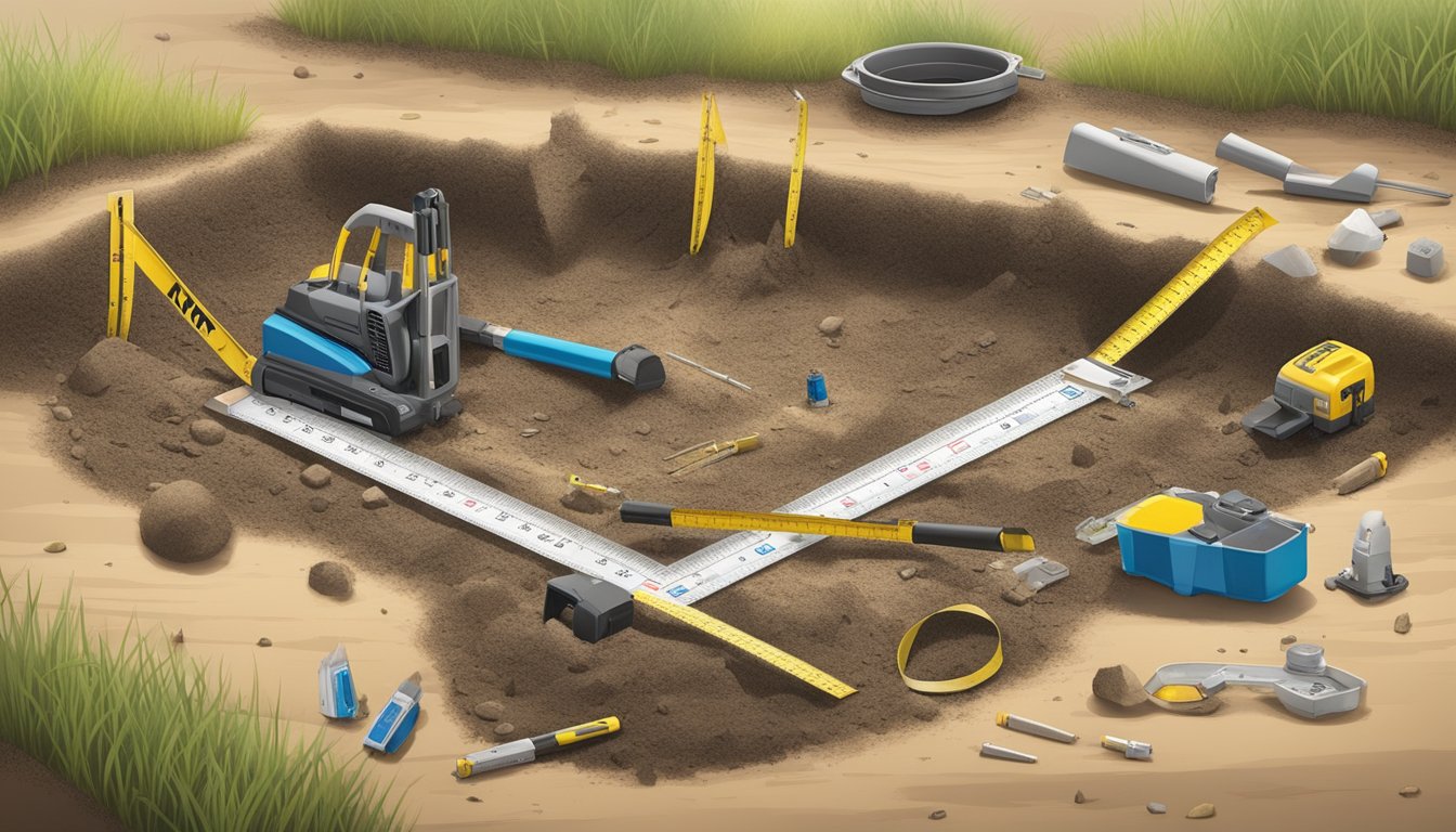 A measuring tape extends into a freshly dug burial plot, surrounded by markers and surveying equipment