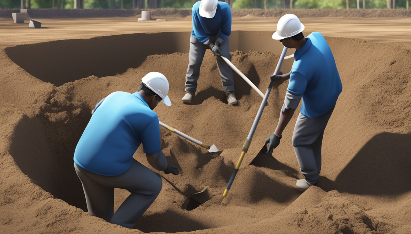 A group of workers digging a deep hole in the ground, measuring and preparing for a future burial plot