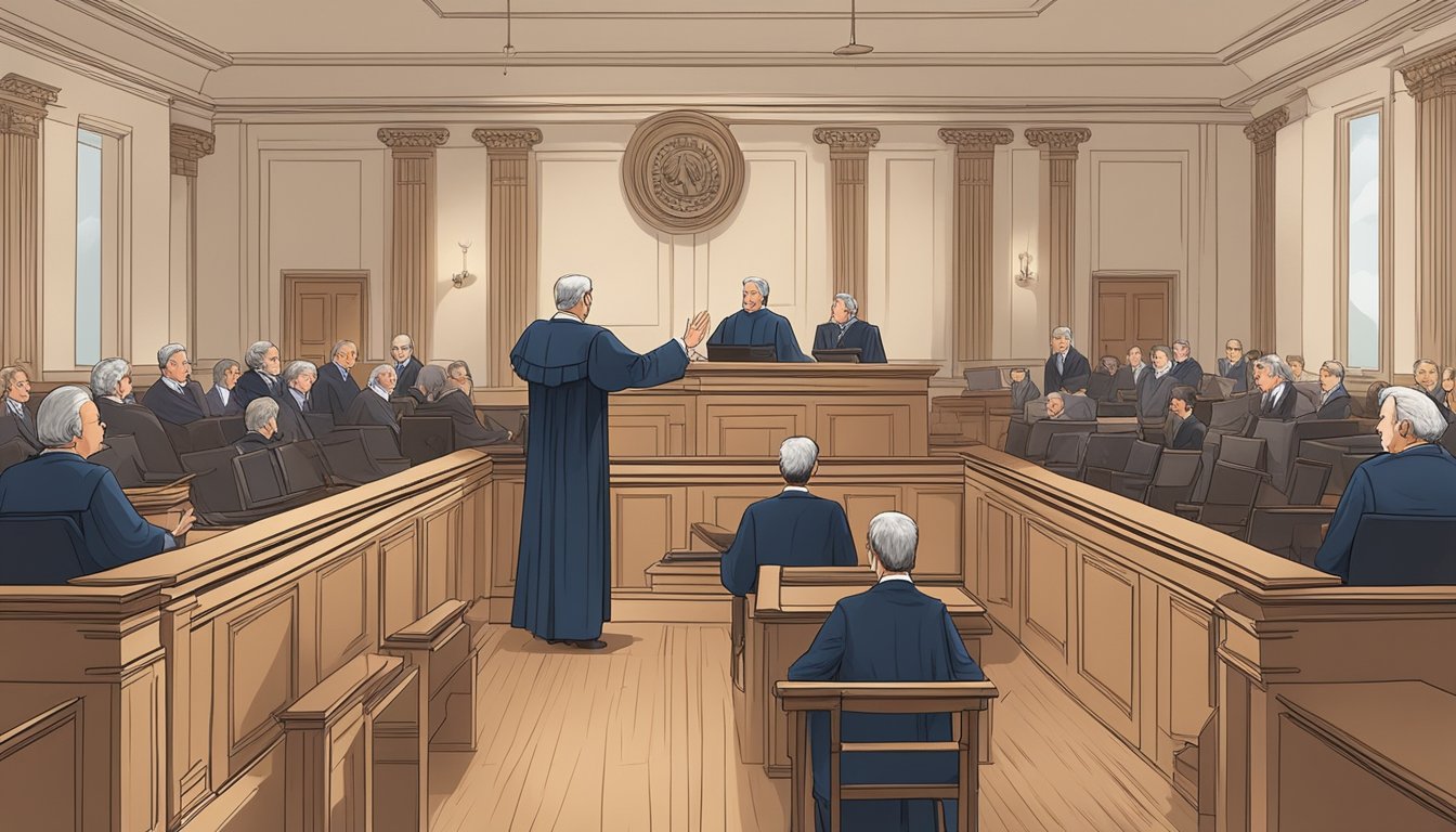 A courtroom with a judge presiding over a dispute between two parties regarding the legal framework governing burial plots