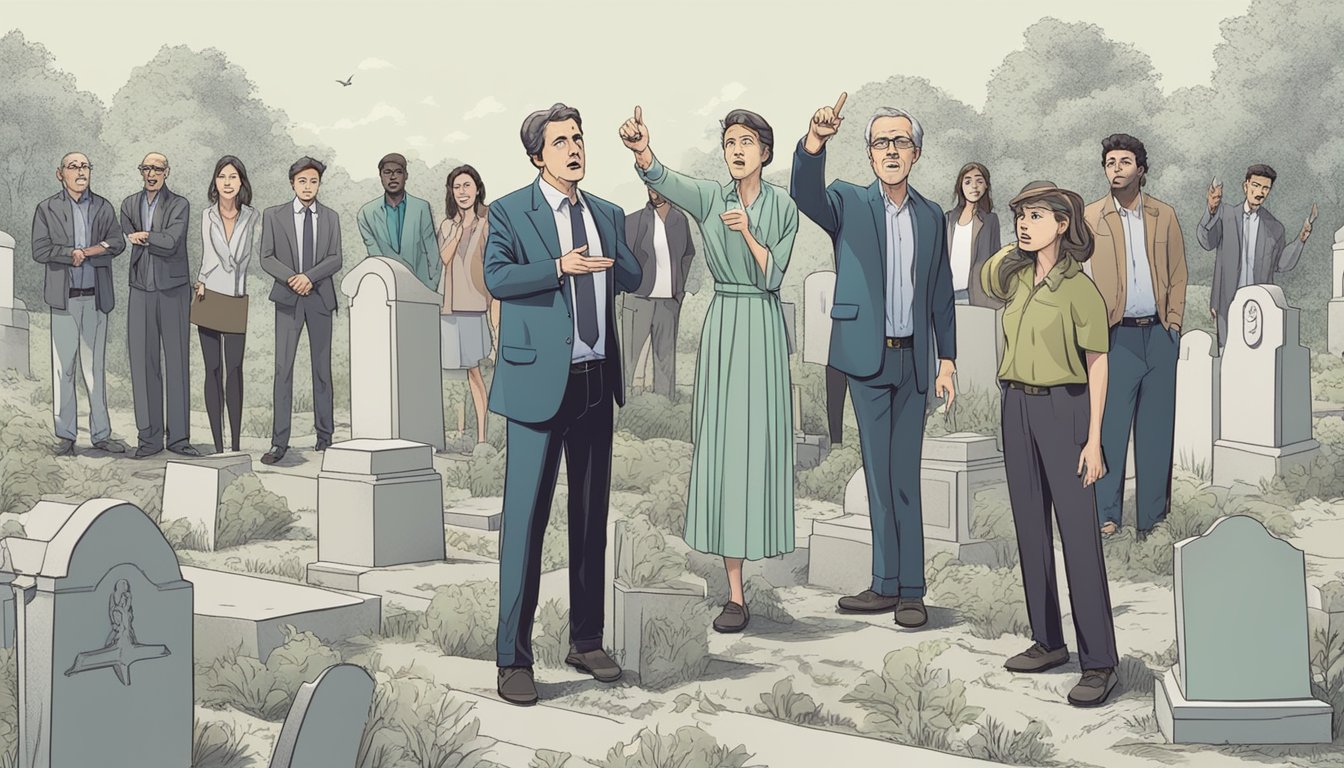 A group of people stand around a cemetery plot, pointing and gesturing animatedly, with concerned expressions on their faces