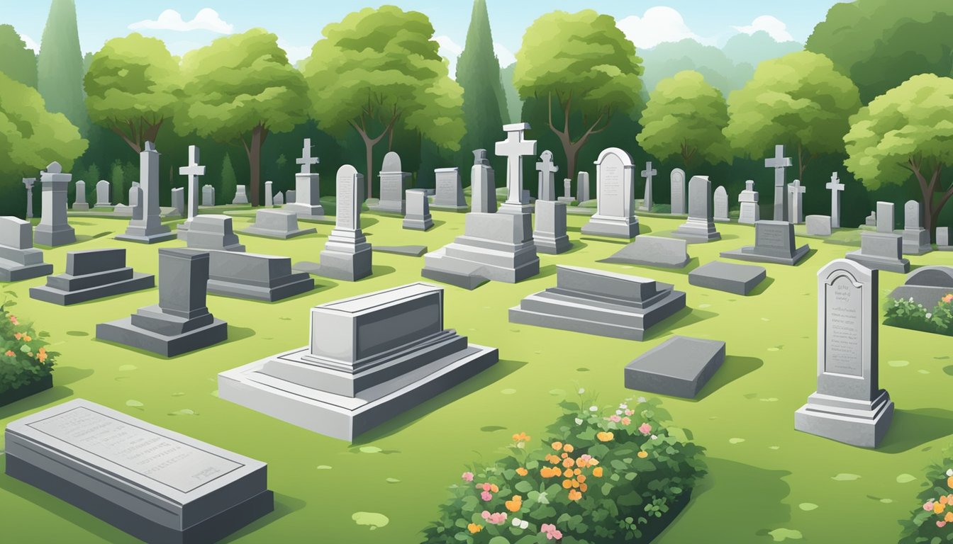 A serene cemetery with neatly arranged burial plots surrounded by lush greenery and marked with various types of headstones and grave markers