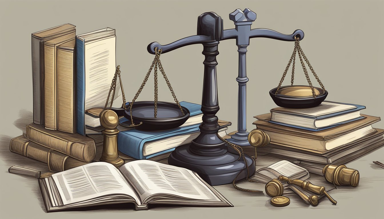 A cemetery plot with a gavel, law books, and scales of justice