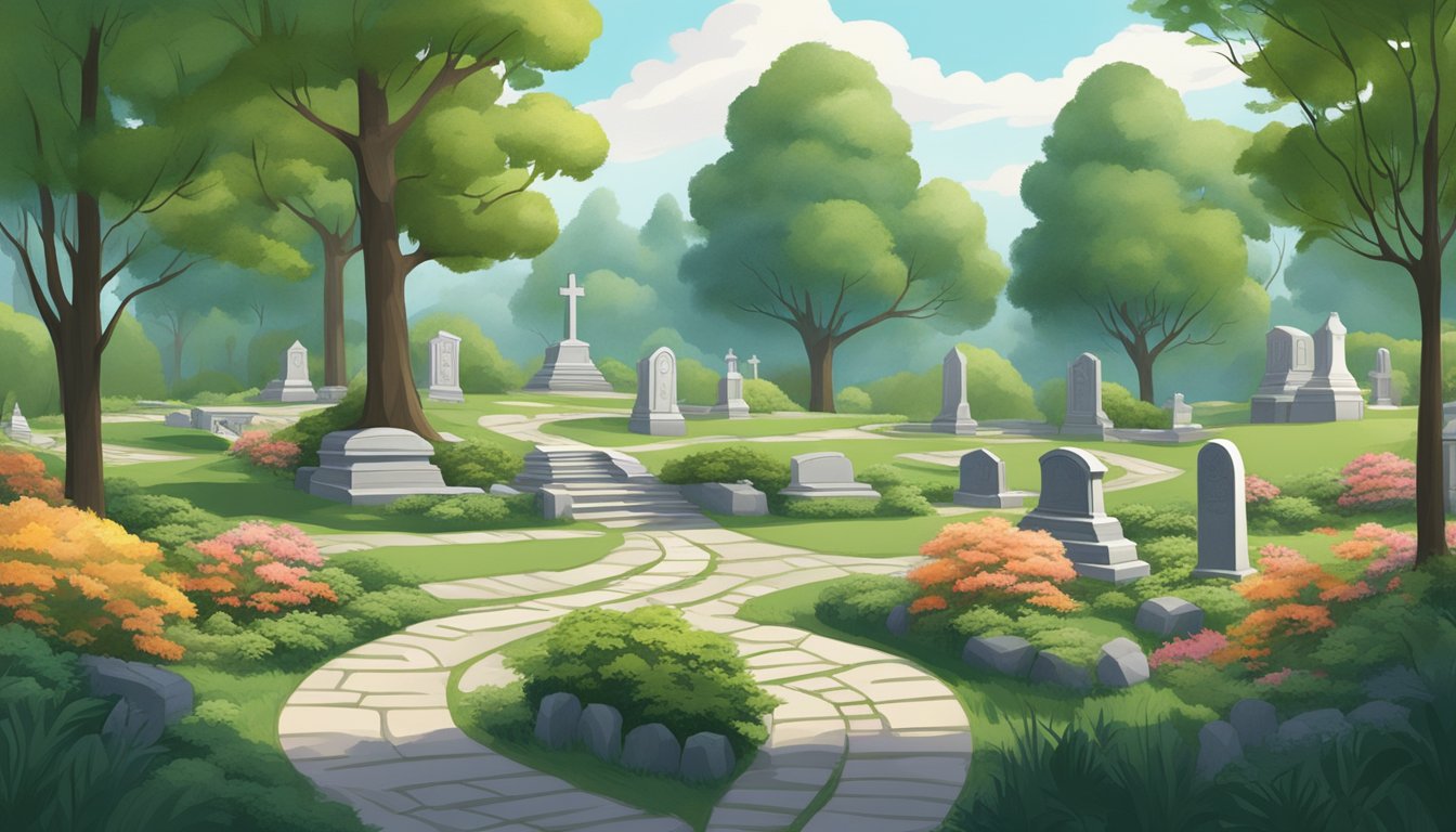 A serene cemetery with winding paths, lush greenery, and a tranquil pond, surrounded by rolling hills and tall trees