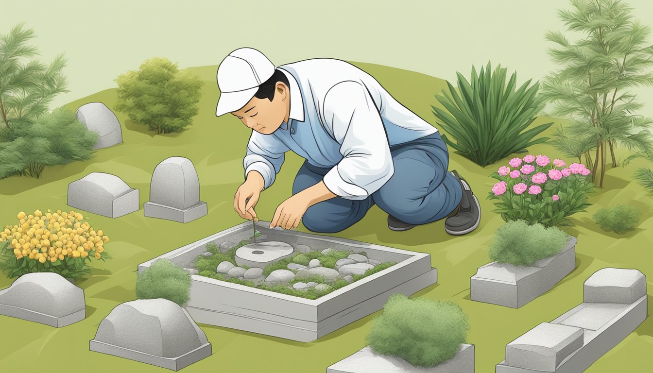 A Feng Shui Master carefully arranges elements on a burial plot, considering energy flow and balance