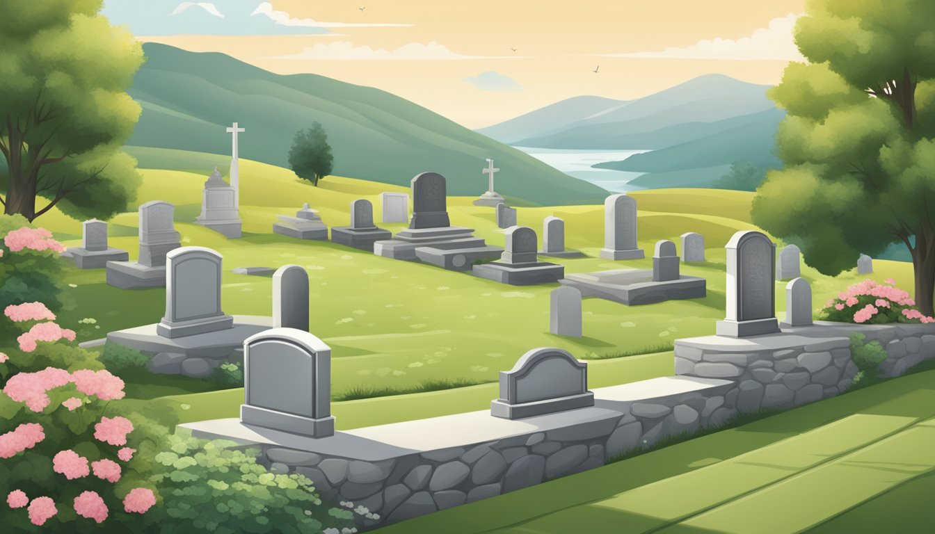 A serene burial plot nestled among rolling hills, with carefully placed gravestones and tranquil feng shui elements