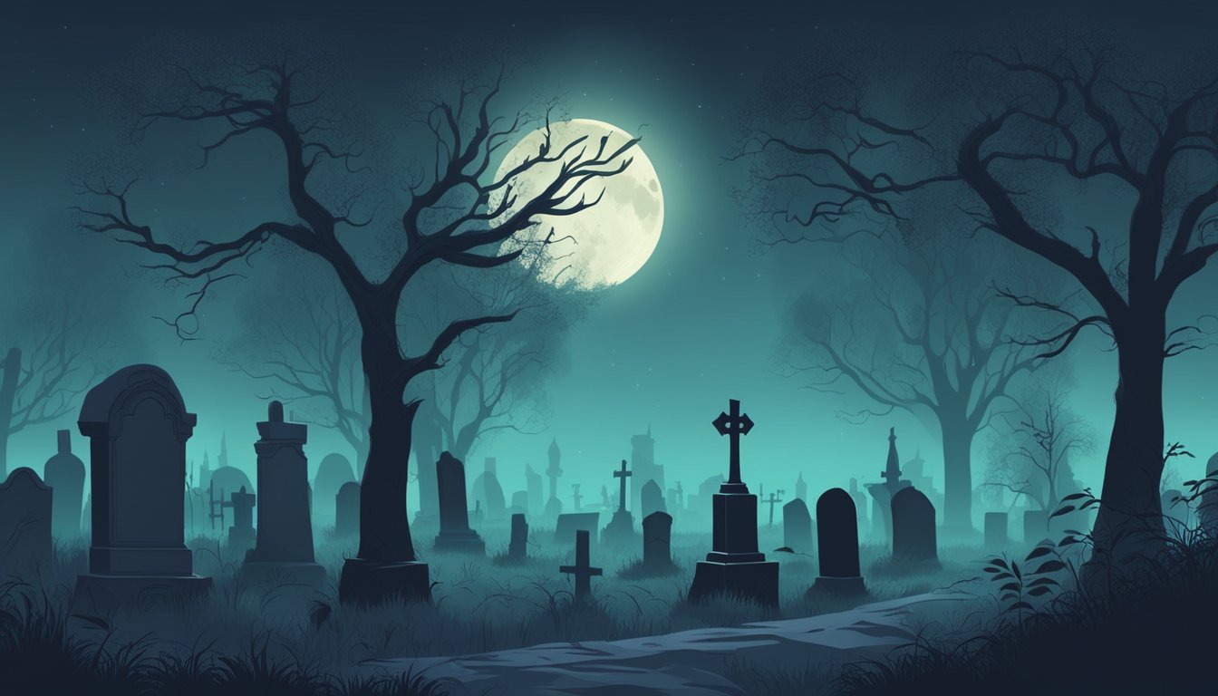 A dark, mist-covered graveyard with old tombstones and gnarled trees. Moonlight casts eerie shadows on the overgrown grass