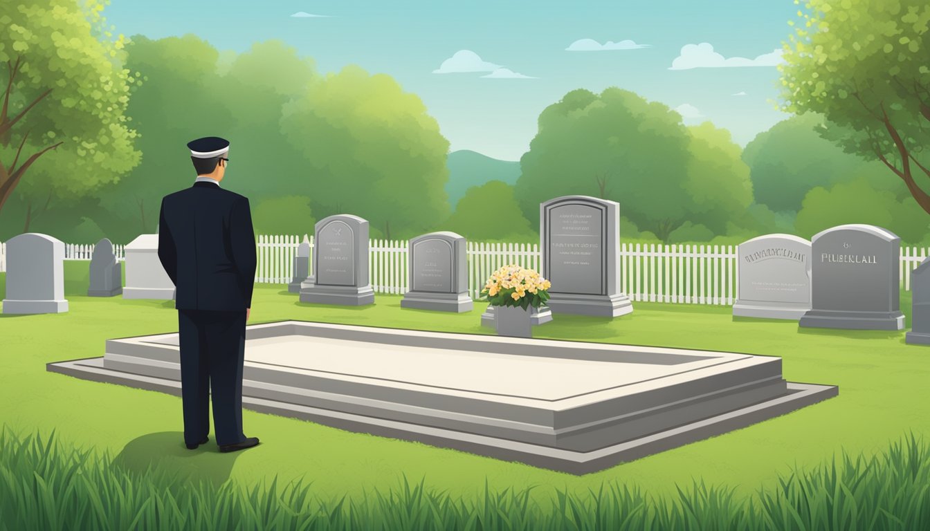 A funeral director stands by an open burial plot, ready to place an urn inside. The plot is surrounded by green grass and marked with a small headstone