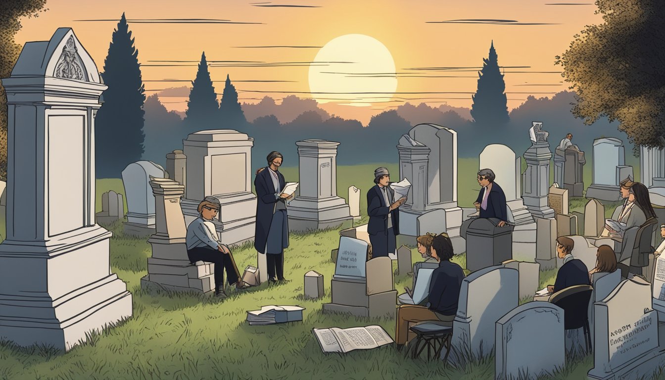 A group of book critics gather at a cemetery, surrounded by tombstones. They engage in lively discussion and debate about the latest novel, "The Burial Plot," while the sun sets in the background