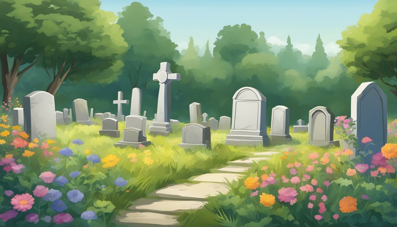 A serene cemetery with a weathered headstone surrounded by overgrown grass and wildflowers. A sense of peace and solitude permeates the scene