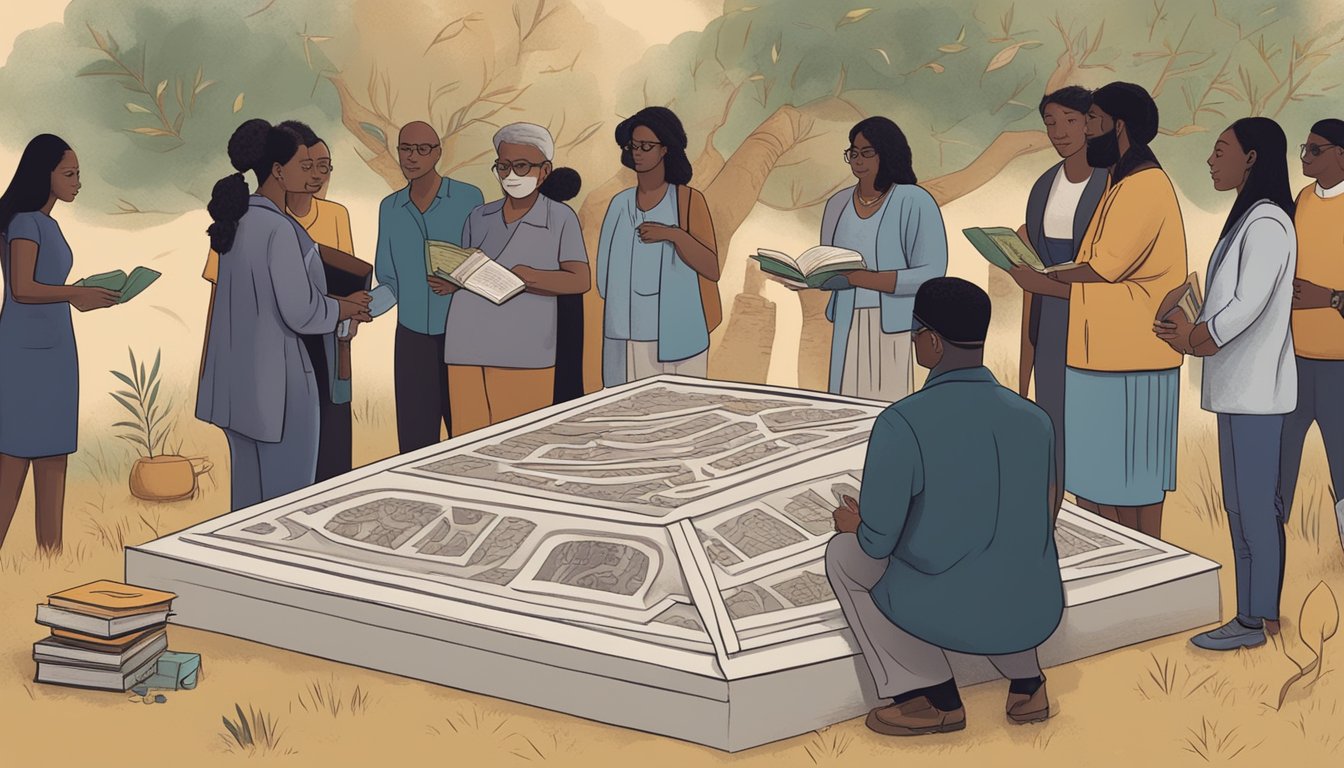 A diverse group of people discussing and sharing books at a burial plot, surrounded by cultural symbols and artifacts