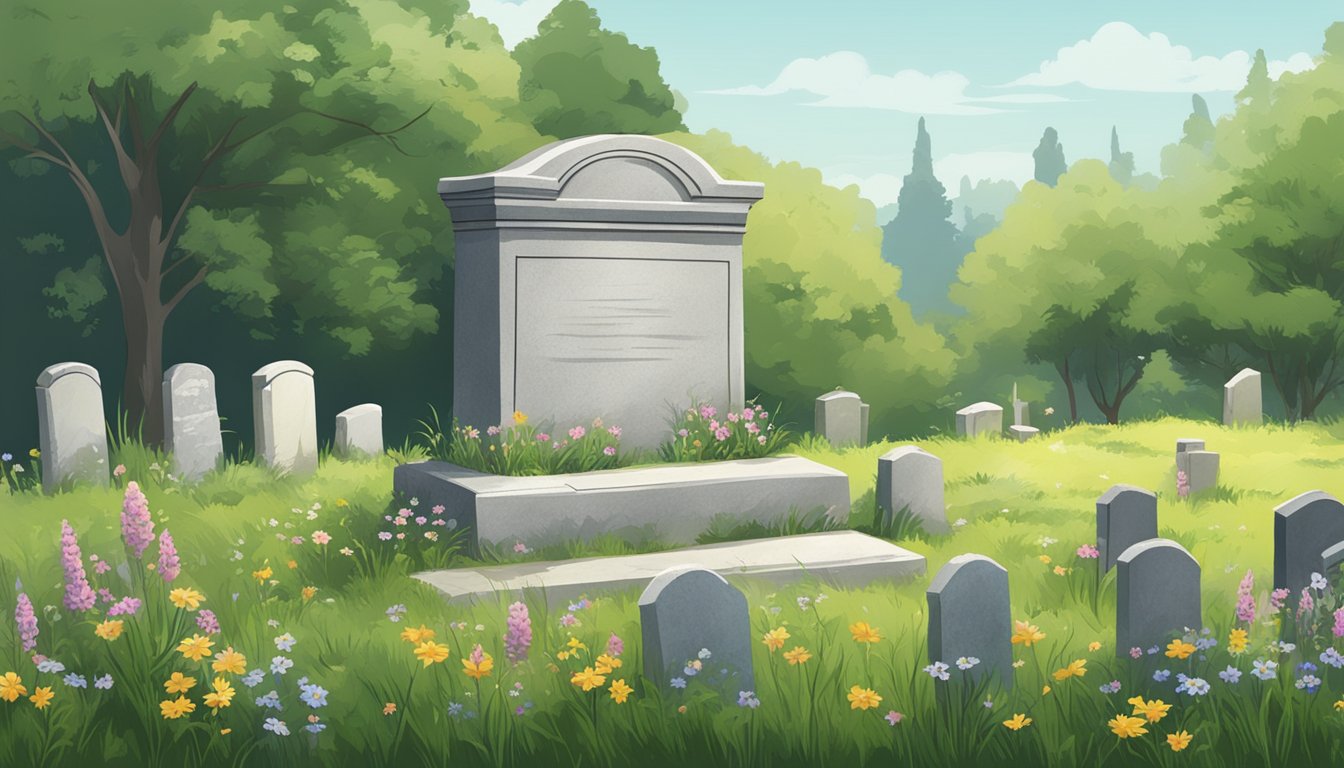 A serene cemetery with a weathered headstone, surrounded by overgrown grass and wildflowers. A sense of peaceful solitude permeates the scene