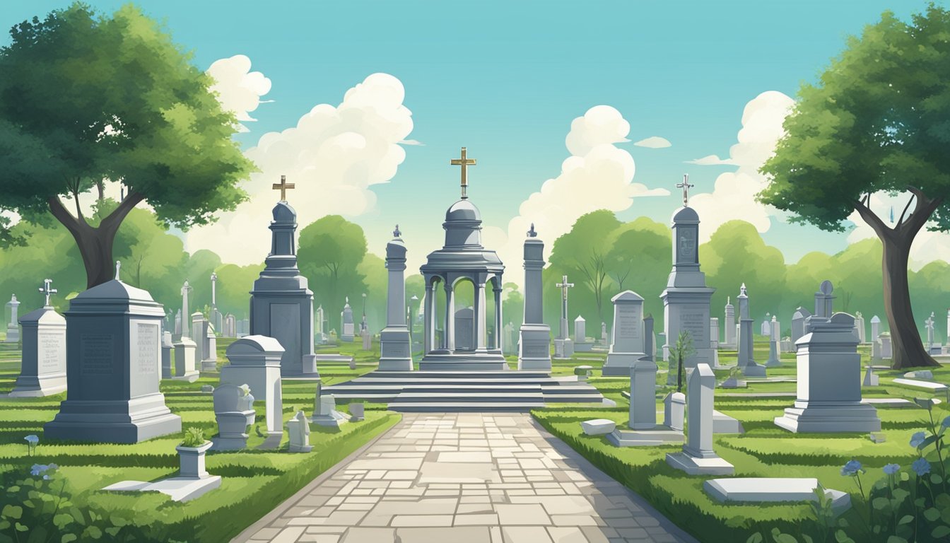 A serene cemetery with rows of gravestones and memorials, surrounded by lush greenery, under a clear blue sky