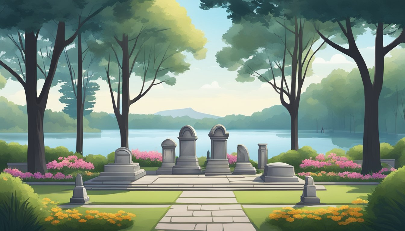 A serene cemetery with neatly arranged grave plots surrounded by tall trees and a peaceful lake in the background