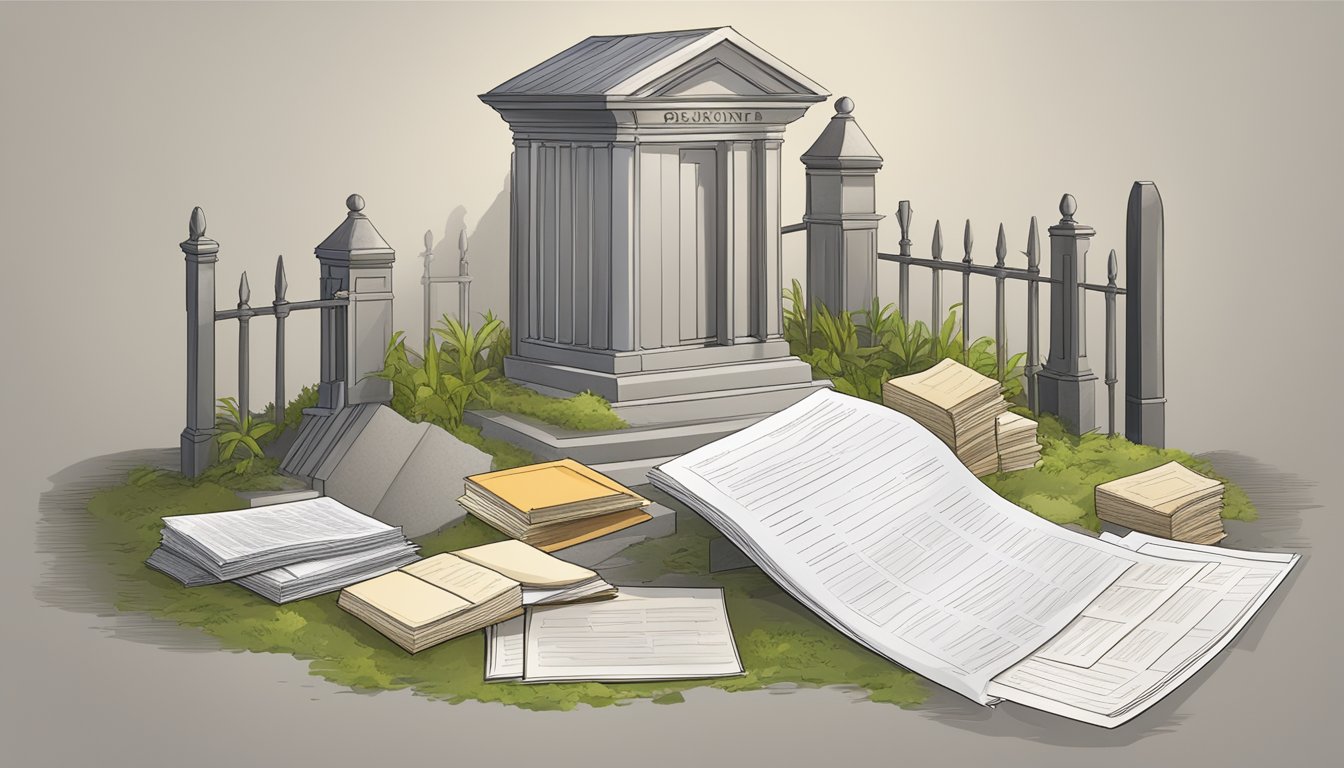 An empty grave plot surrounded by legal and administrative documents