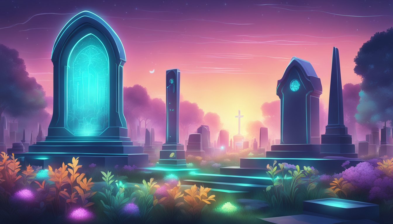 A futuristic cemetery with holographic gravestones and glowing plants