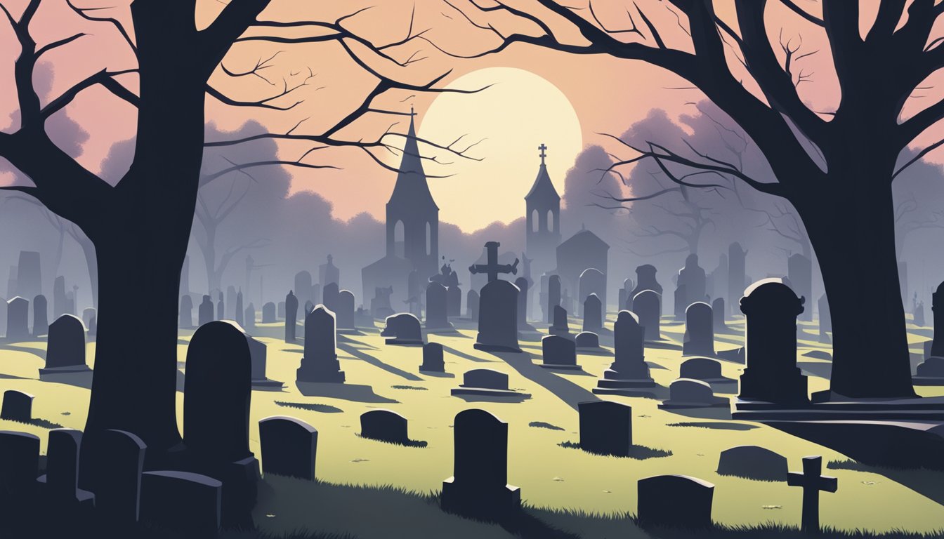 A graveyard at dusk, with tombstones casting long shadows as haunting chords fill the air