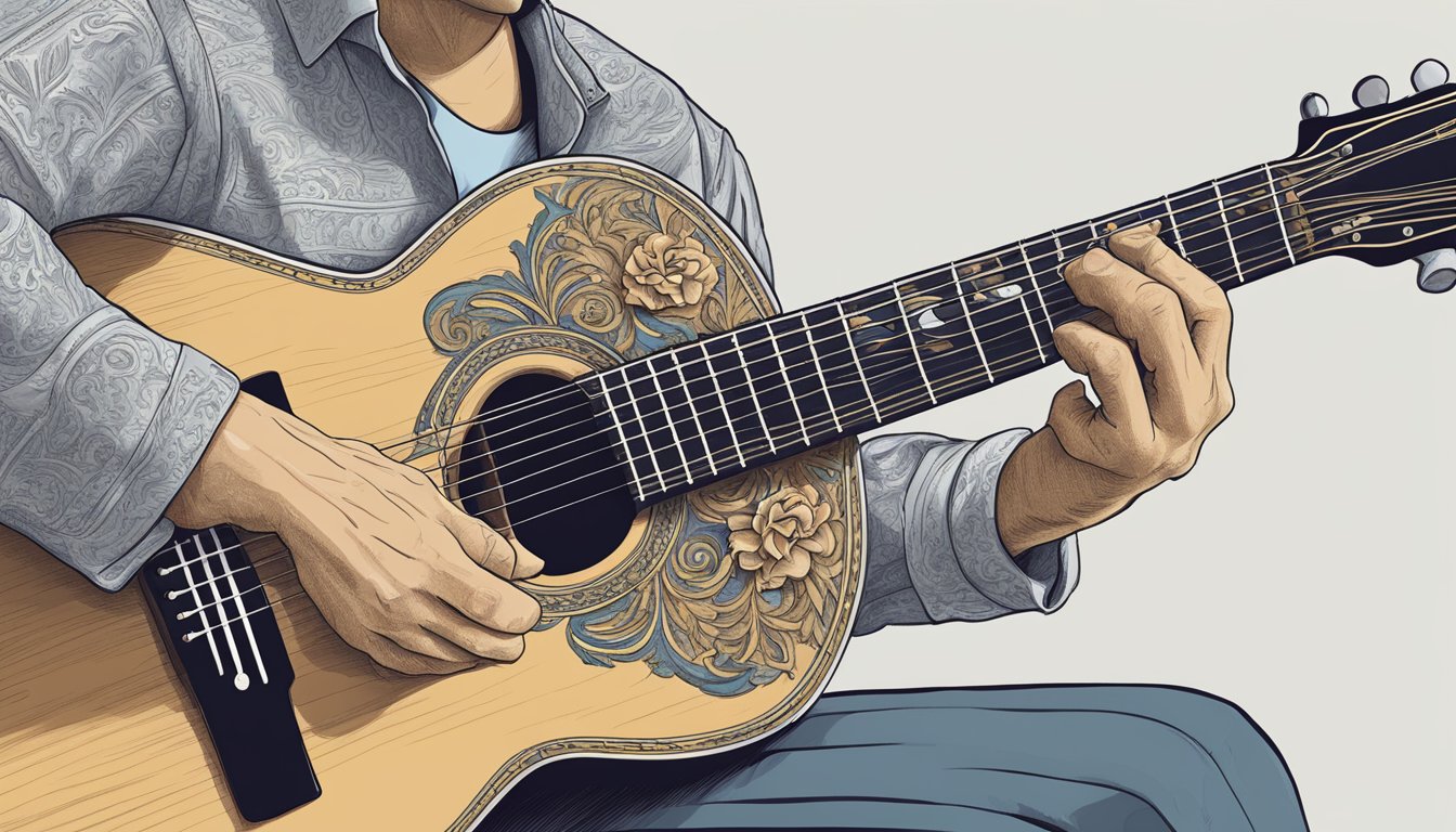 An acoustic guitar being played with intricate fingerpicking, highlighting the burial plot chords