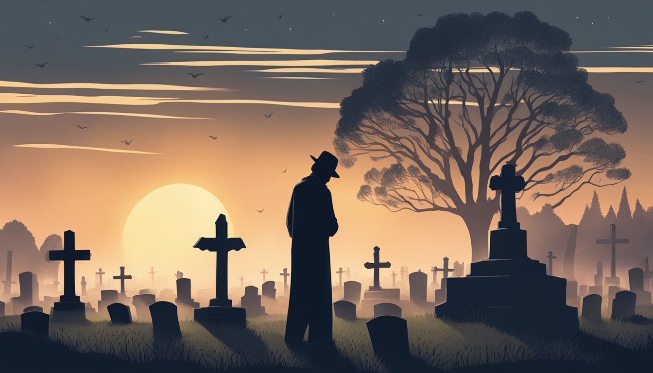 A dimly lit cemetery at dusk, with headstones casting long shadows. A lone figure stands before a grave, strumming a guitar with a mournful expression