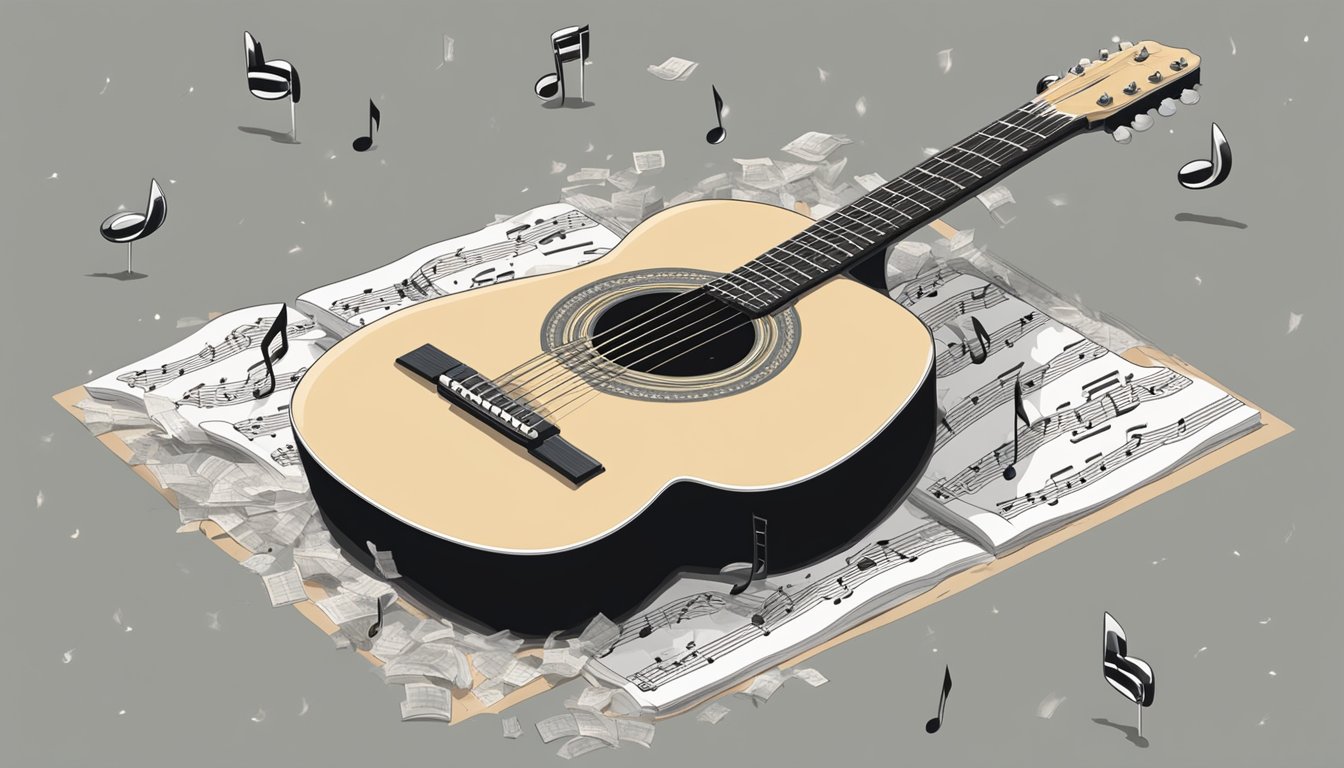 A guitar resting on a burial plot, surrounded by musical notes and chords floating in the air