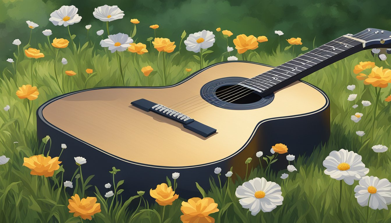 A guitar laying on a grassy burial plot, surrounded by blooming flowers and a serene atmosphere