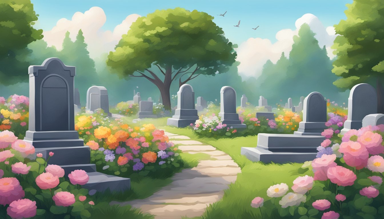 A serene cemetery with a freshly dug plot surrounded by flowers and trees