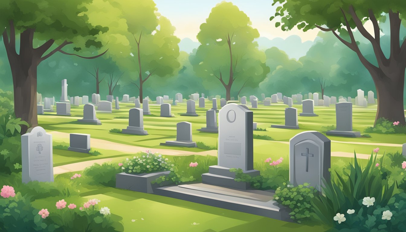 A serene cemetery with a freshly dug plot marked by a simple headstone and surrounded by lush greenery