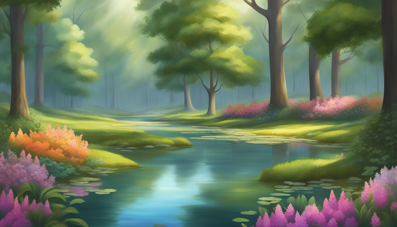 A serene forest clearing with a small, peaceful pond surrounded by vibrant flowers and tall, ancient trees. A sense of tranquility and natural beauty emanates from the scene