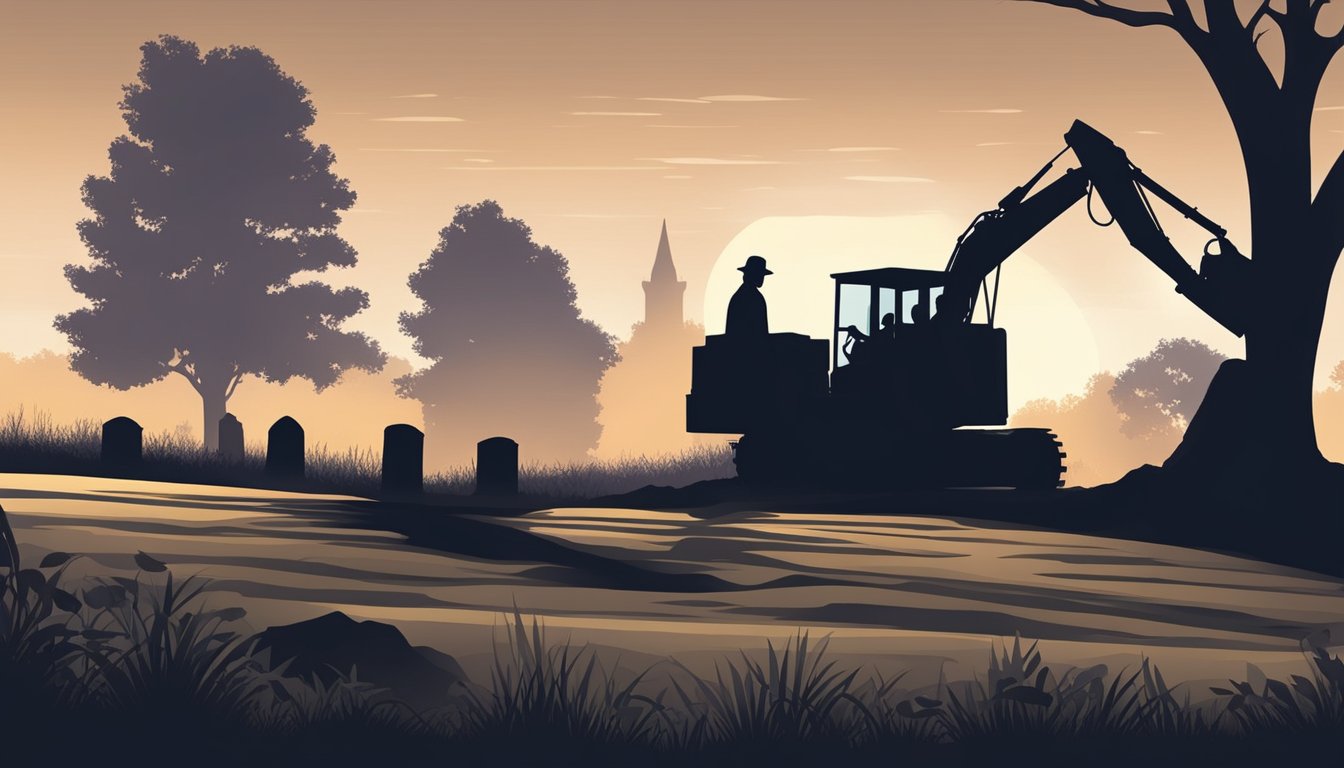 A burial plot digger excavates a fresh grave in a peaceful cemetery at dusk. The silhouette of the digger is highlighted against the fading light