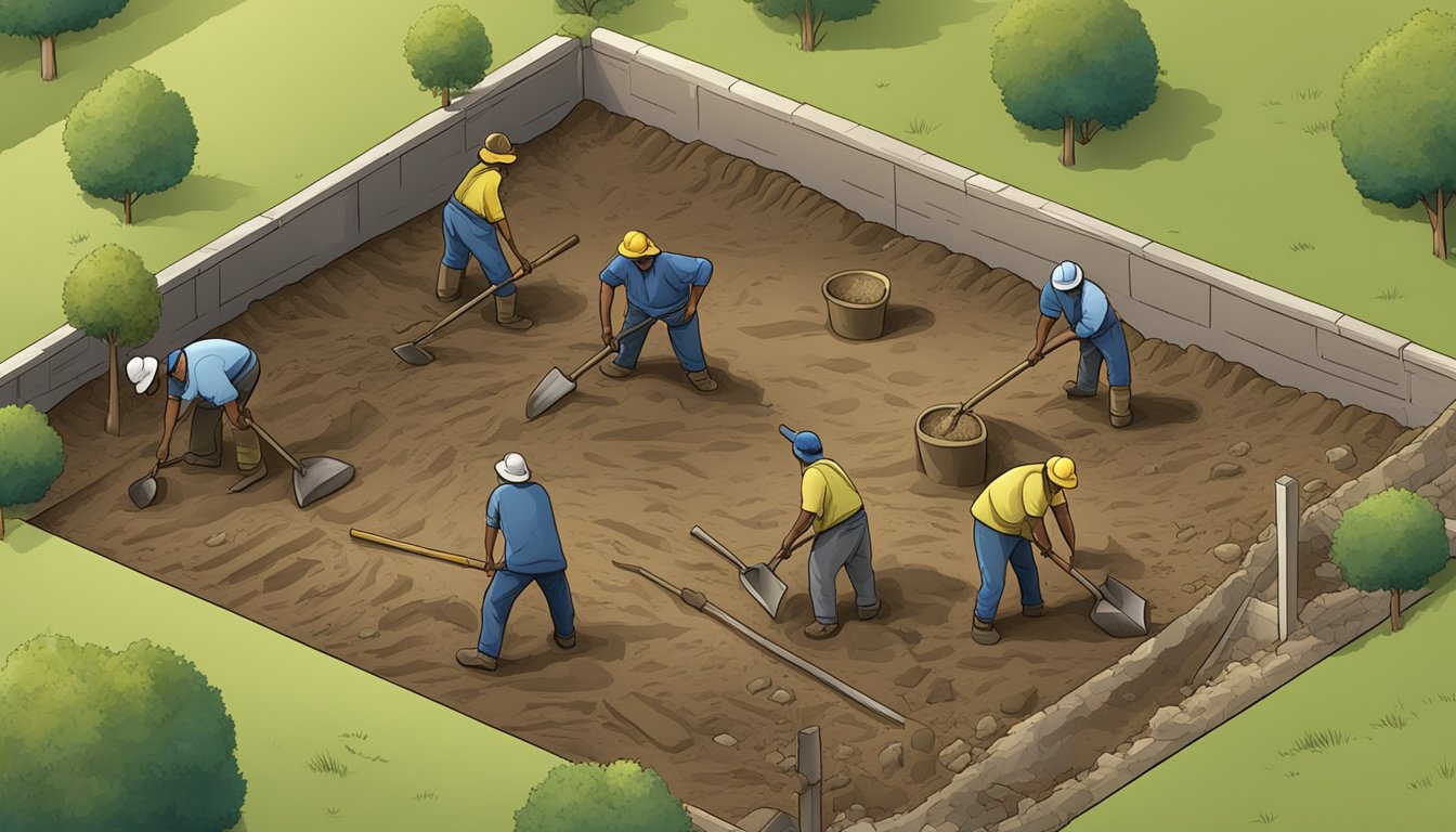 A burial plot being excavated using shovels, spades, and a pickaxe