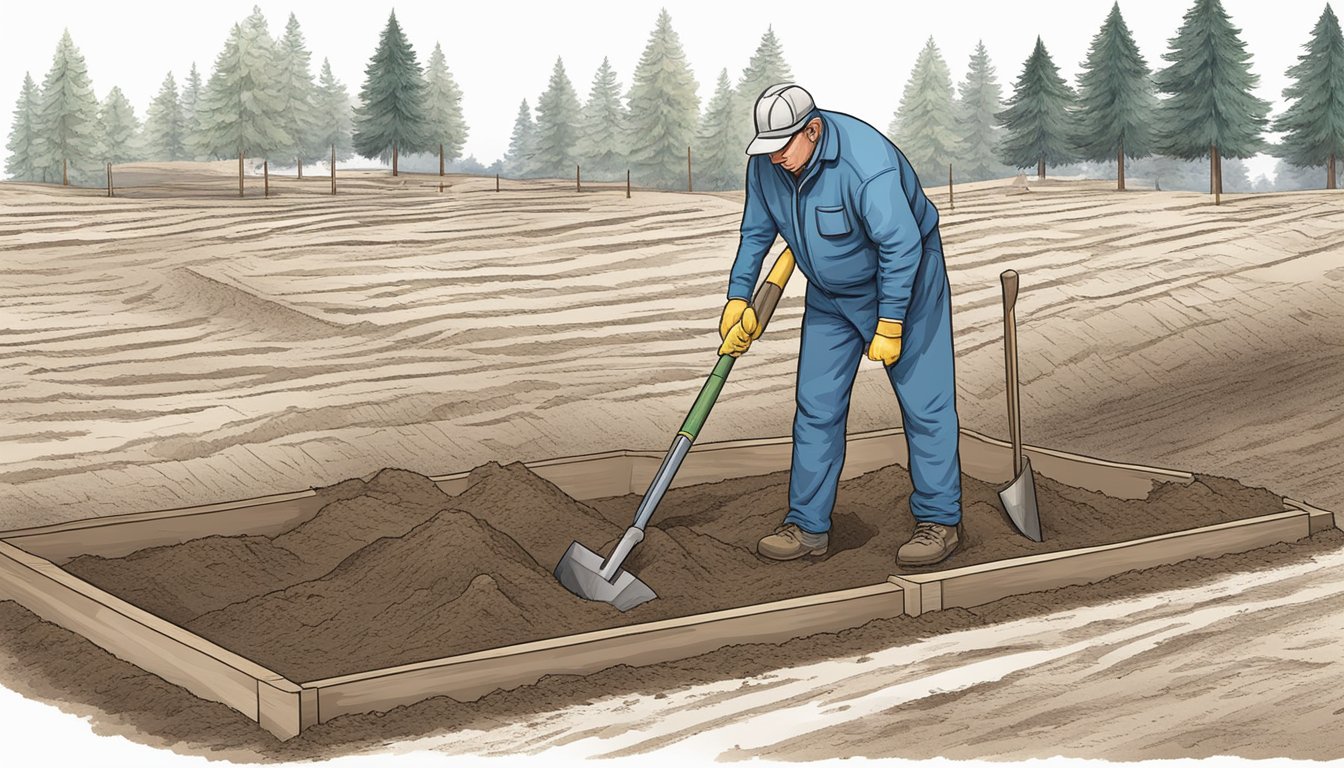 A burial plot digger carefully measures and marks the designated area, preparing to excavate the ground with a shovel