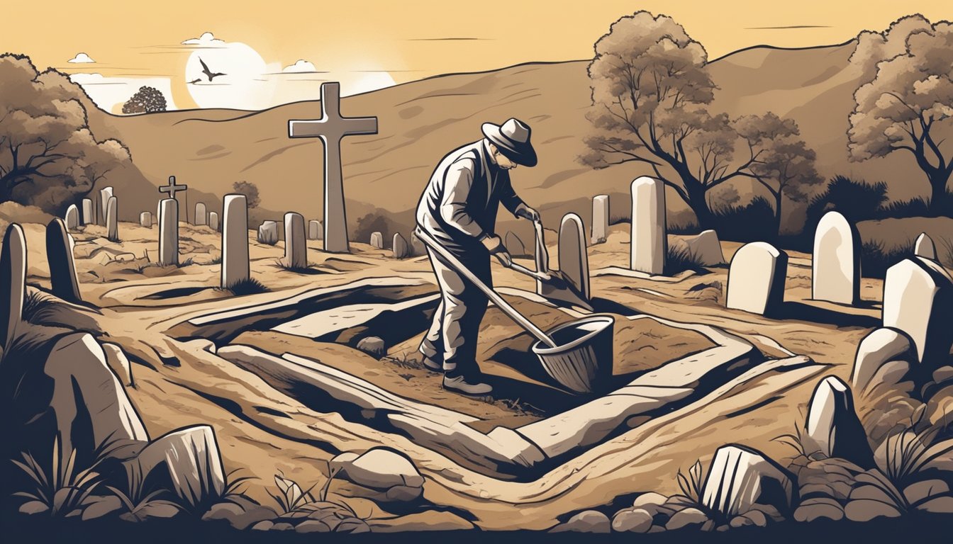 A burial plot digger carefully excavates the earth, surrounded by ancient tombstones and symbols of cultural significance