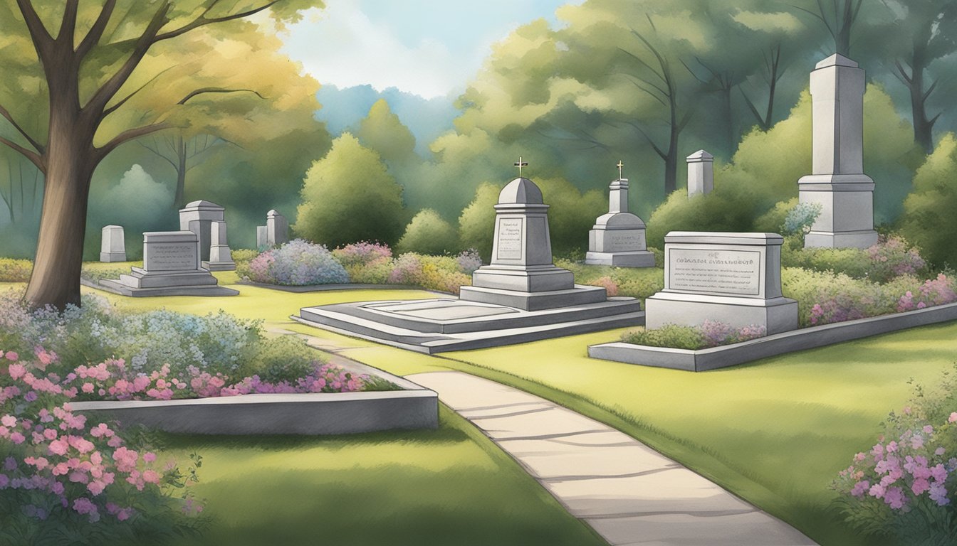 A serene burial plot with markers and memorials