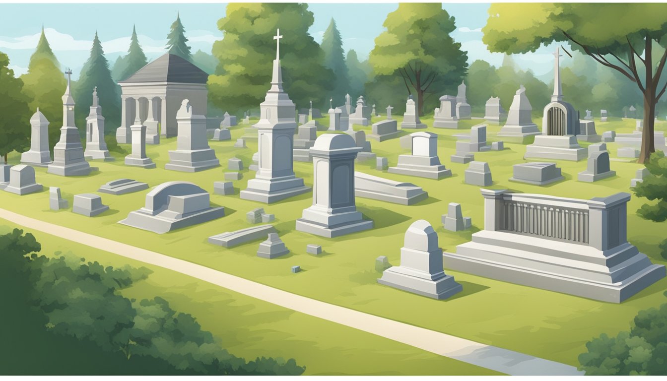 A serene cemetery with neatly arranged burial plots and administrative buildings