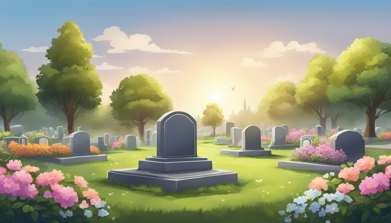 A serene cemetery plot with a freshly dug grave, surrounded by flowers and a peaceful atmosphere