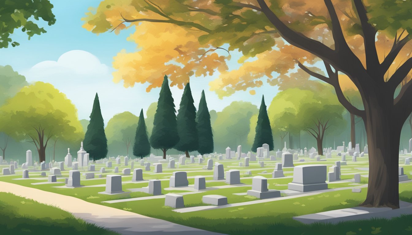 A serene cemetery with neatly arranged burial plots and headstones under the shade of tall trees