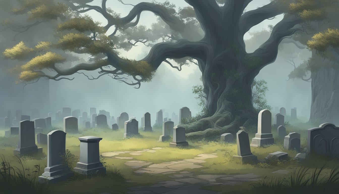 A misty graveyard with overgrown tombstones and a lone, gnarled tree