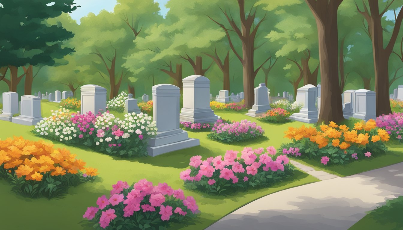 A peaceful burial plot nestled within the serene grounds of Macneal cemetery, surrounded by tall trees and colorful flowers