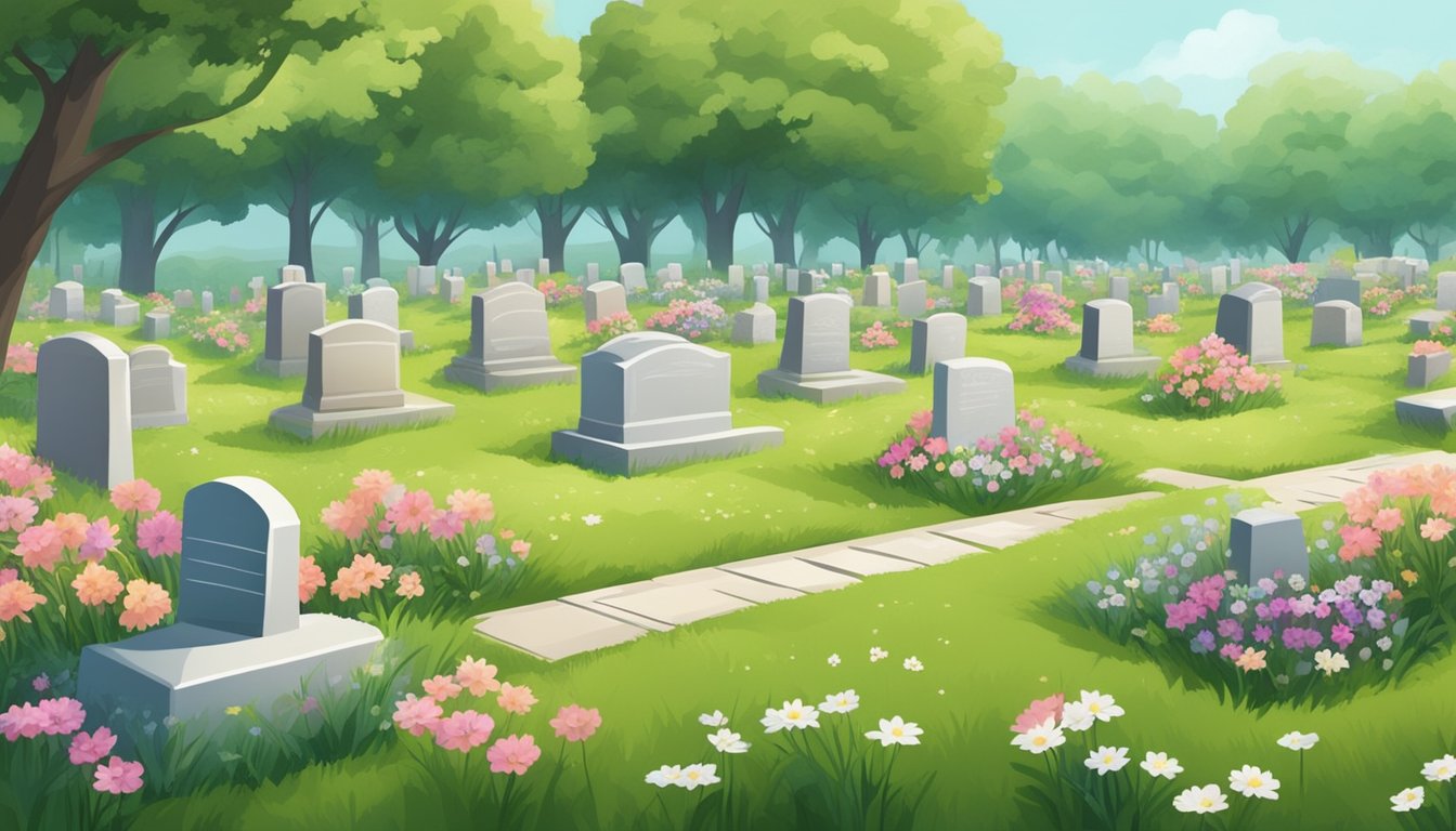 A small, peaceful cemetery with rows of tiny burial plots for babies, adorned with delicate flowers and surrounded by soft, green grass