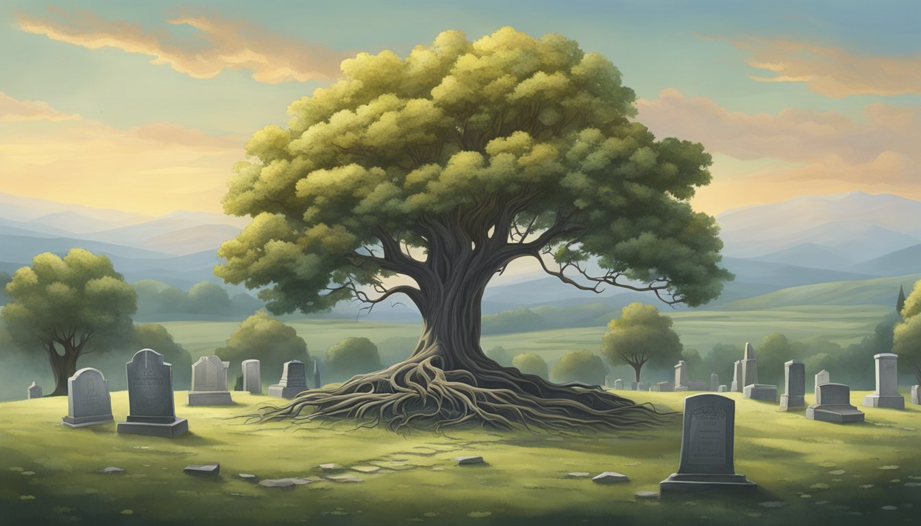 A lone tree stands in a cemetery, its roots intertwining with a burial plot marked by a weathered headstone. The scene evokes themes of mortality and the passage of time