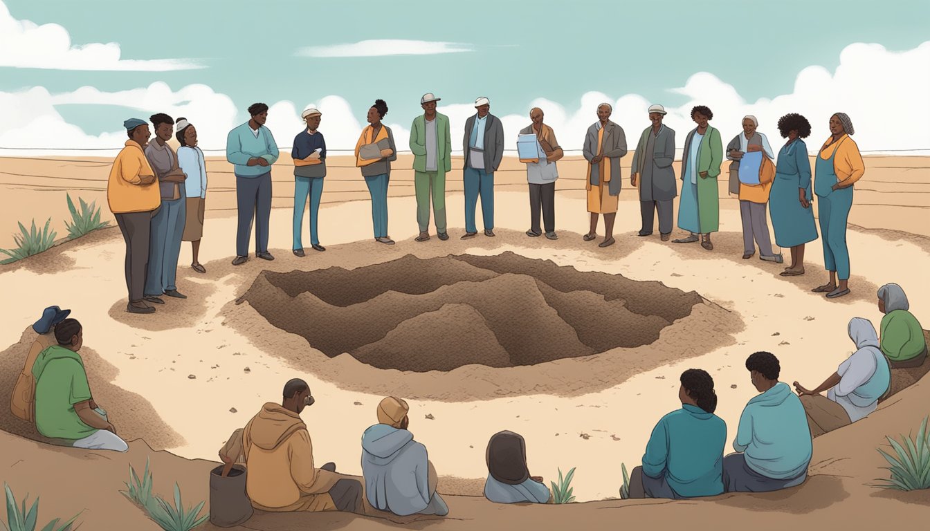 A diverse group of people gather around a buried plot, discussing its cultural and social impact